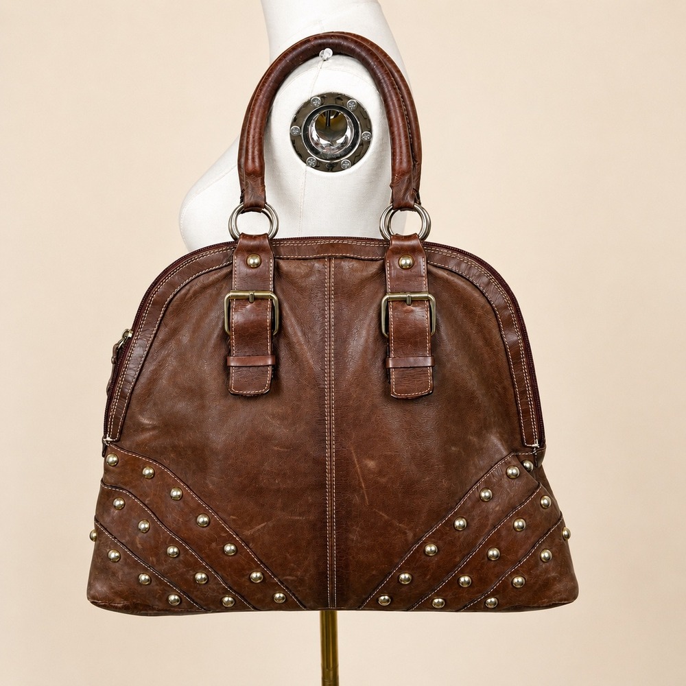 Vintage Guia's Shoulder Bag Italy Oversized Genuine Leather Studded Brown Boho